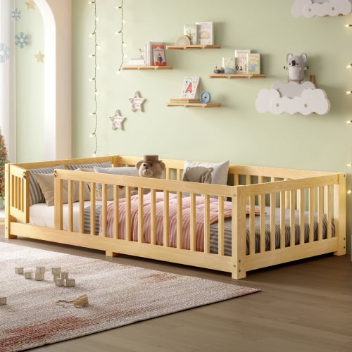Modern Twin Size Floor Bed with Safety Guardrails and Door, Low Profile Design, Removable Slats for Versatile Use, Secure Sleeping and Playing Area, Natural