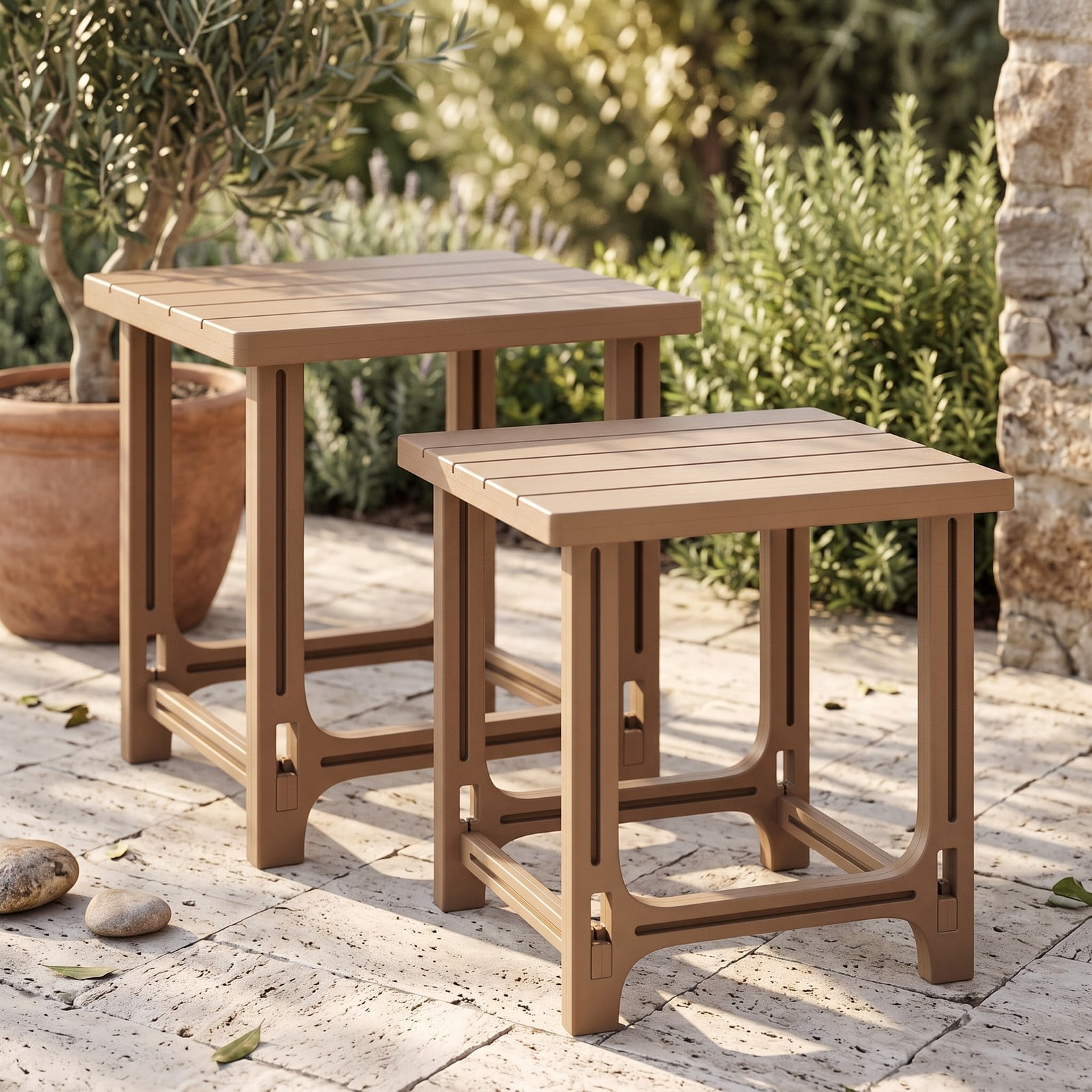 Furnibear Set of 2 18 Inch Square Outdoor HDPE Adirondack Side Tables with Slatted Top and X Panels for the Patio, Brown