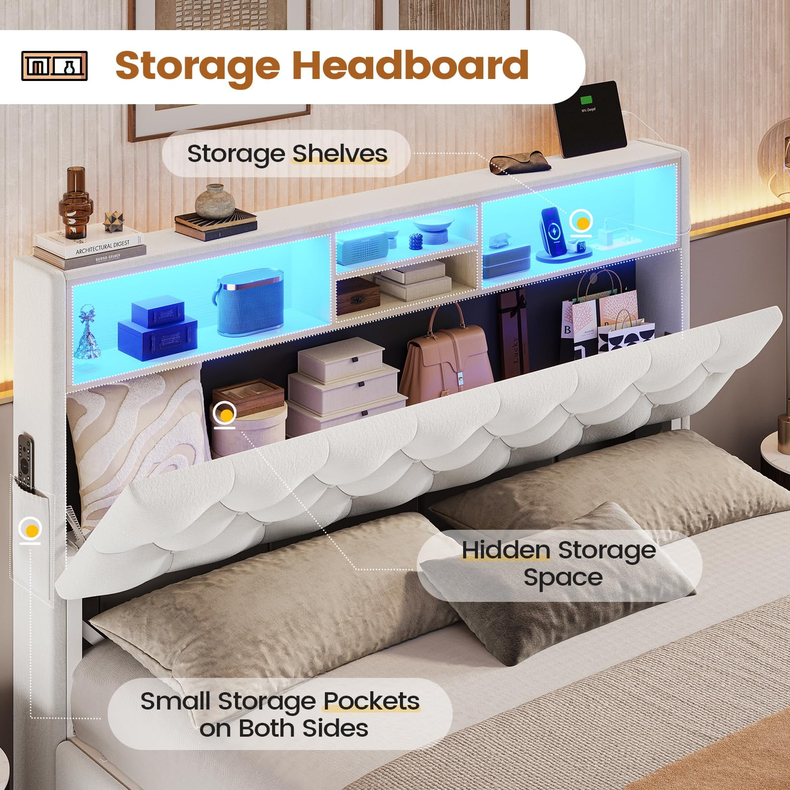 Full Size Bed Frame with Bookcase Headboard & 4 Storage Drawers,LED Bed Frame with Charging Station-Power Outlet, Modern Velvet Upholstered Platform Bed,No Box Spring Needed, Creamy White