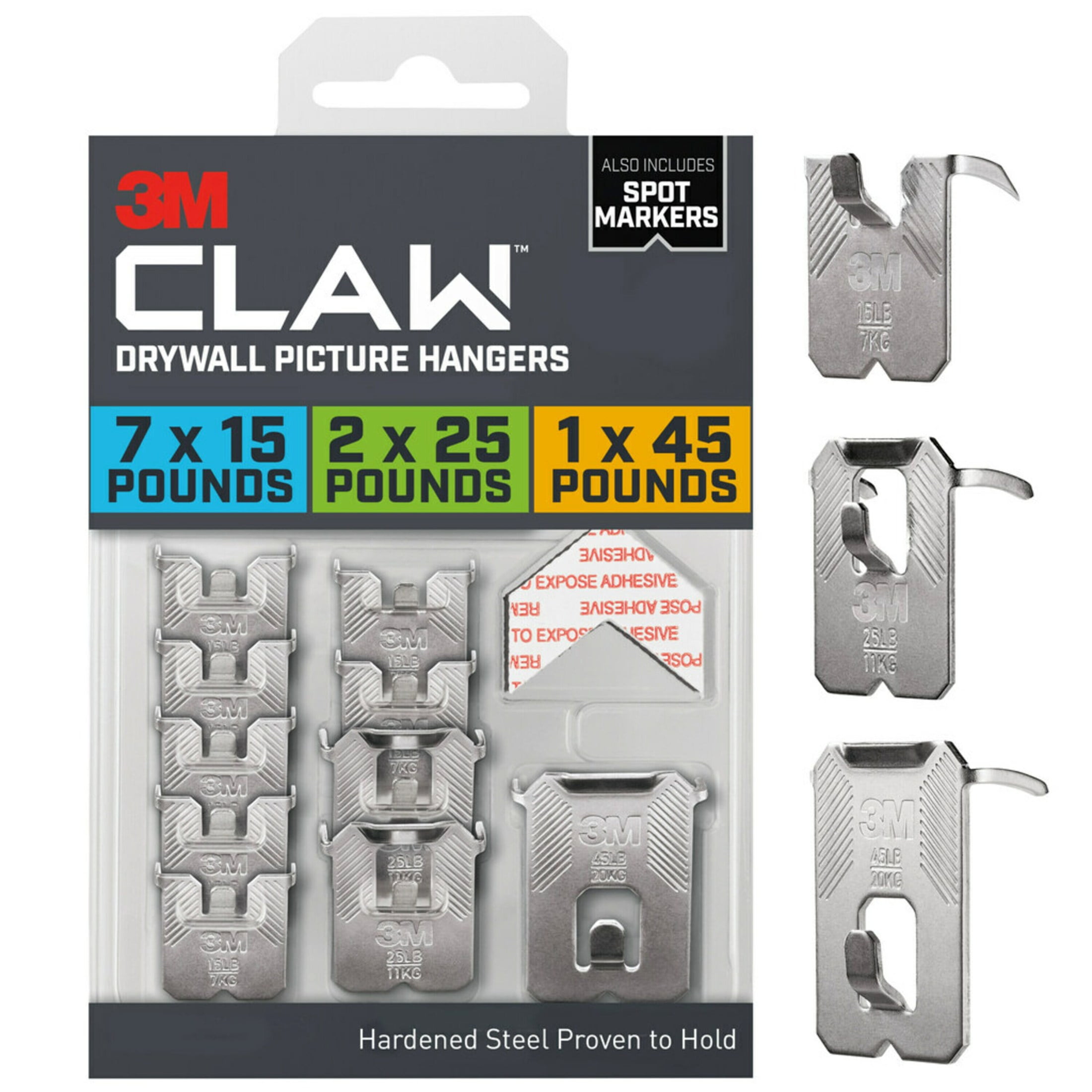 (3 pack) 3M CLAW Drywall Picture Hanger Kit, Variety Pack with Spot Markers, Holds Up To 45 lbs
