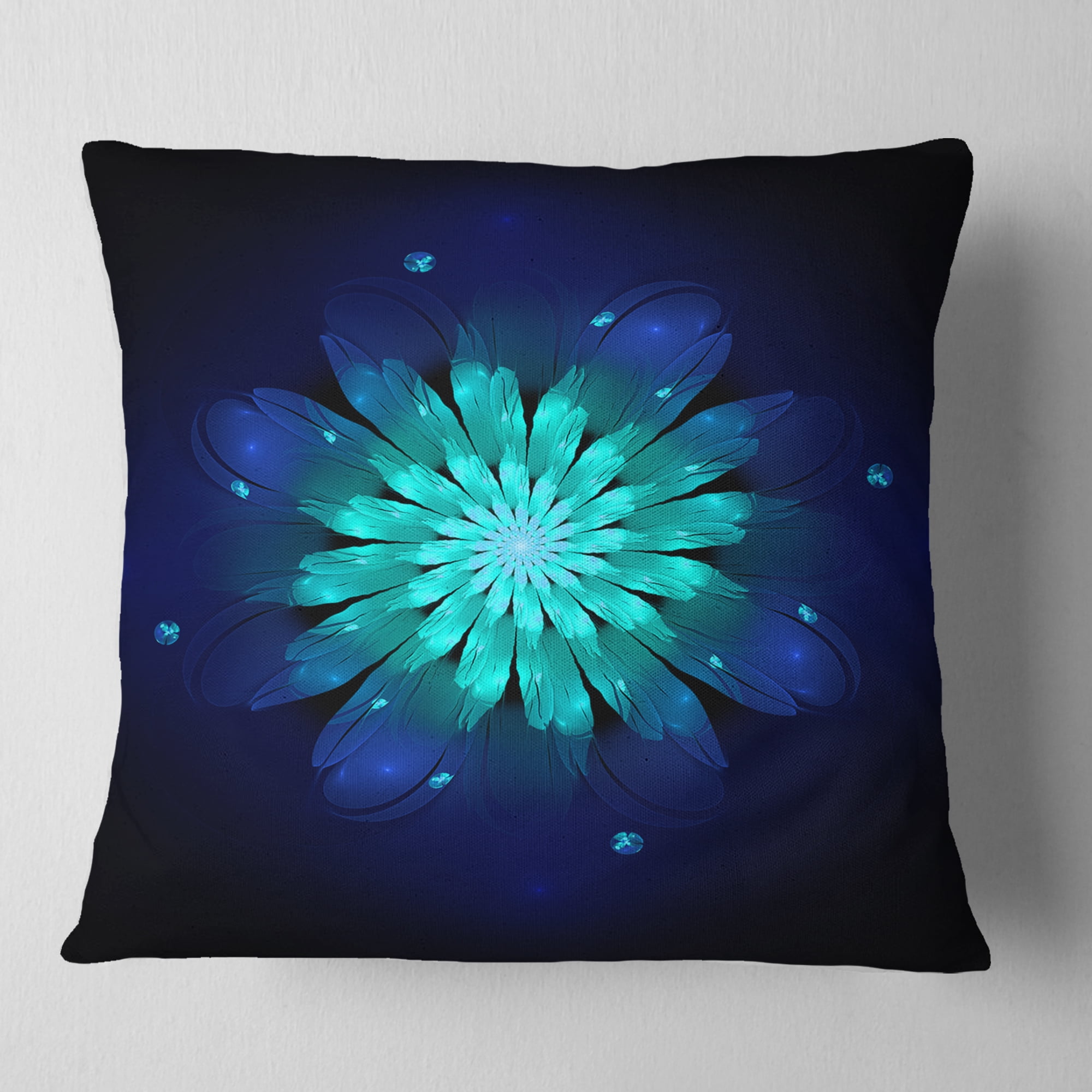Designart Fractal Flower Blue N Turquoise - Floral Throw Pillow - 16x16