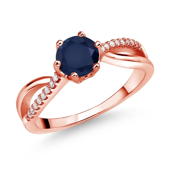 Gem Stone King 18K Rose Gold Plated Silver Ring Round Sapphire and Moissanite (1.18 Cttw) (Size 7)