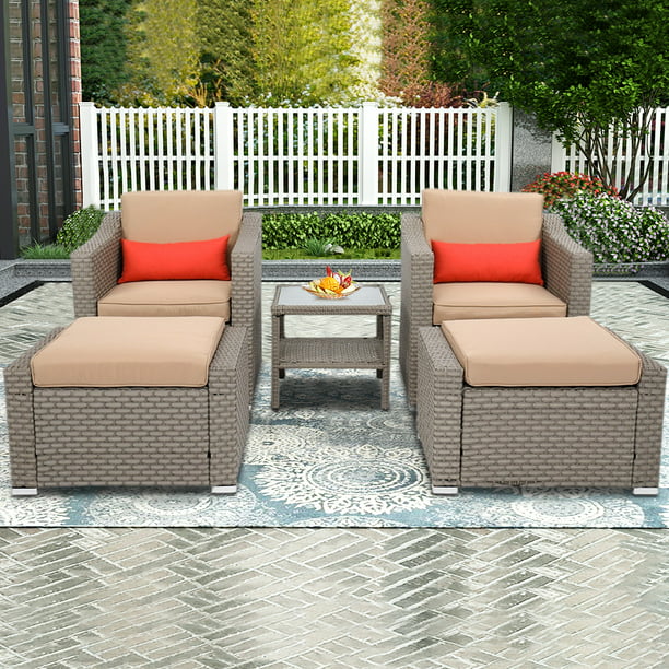 Uhomepro 5 Piece Wicker Patio Furniture Set Pe Rattan Small Porch Cushioned Chair Of 2 With Ottomans Coffee Table Outdoor Conversation Q12623 Com - Small Wicker Patio Set