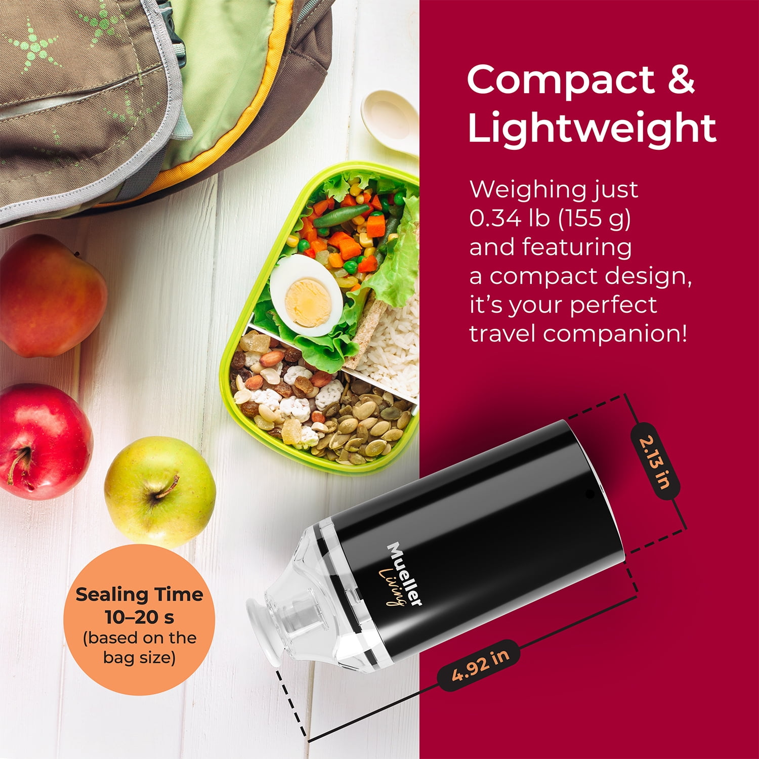 Mueller Handheld Vacuum Sealer Machine, Cordless Portable Food Sealer With (4) Reusable Zipper Bags & Charging System, For Travel and On-the-Go Food Storage