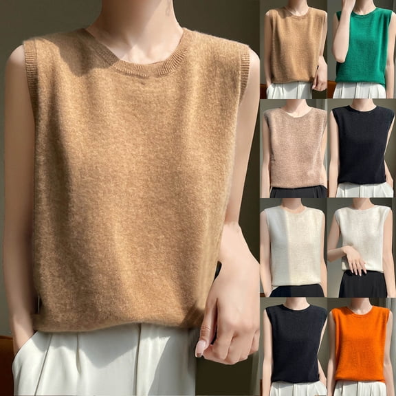 WEIee Women's Tank Top Womans T Shirts Summer Crewneck Sleeveless Knit Blouse Solid Color Fashion Loose Fit Tops Lady Running Tank Tee Beige L