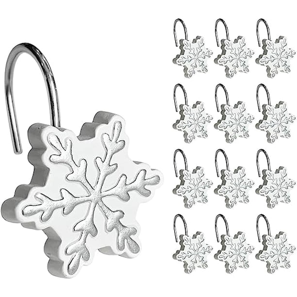 Sunlit Christmas Shower Curtain Hooks Silver Snowflakes Shower Curtain Rings, Resin, White