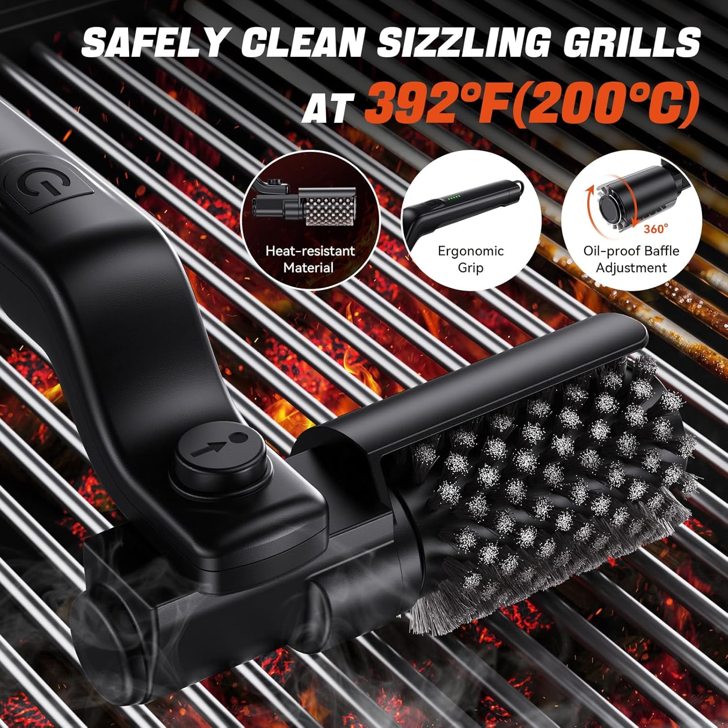 Electric Grill Brush for BBQ, 3-Speed Power Rotary Grill Cleaner with 304 Stainless Steel Anti-Shedding Head, Rechargeable up to 90-Min Runtime, Outdoor Grill Cleaning Tool for Home, Patio, Camping