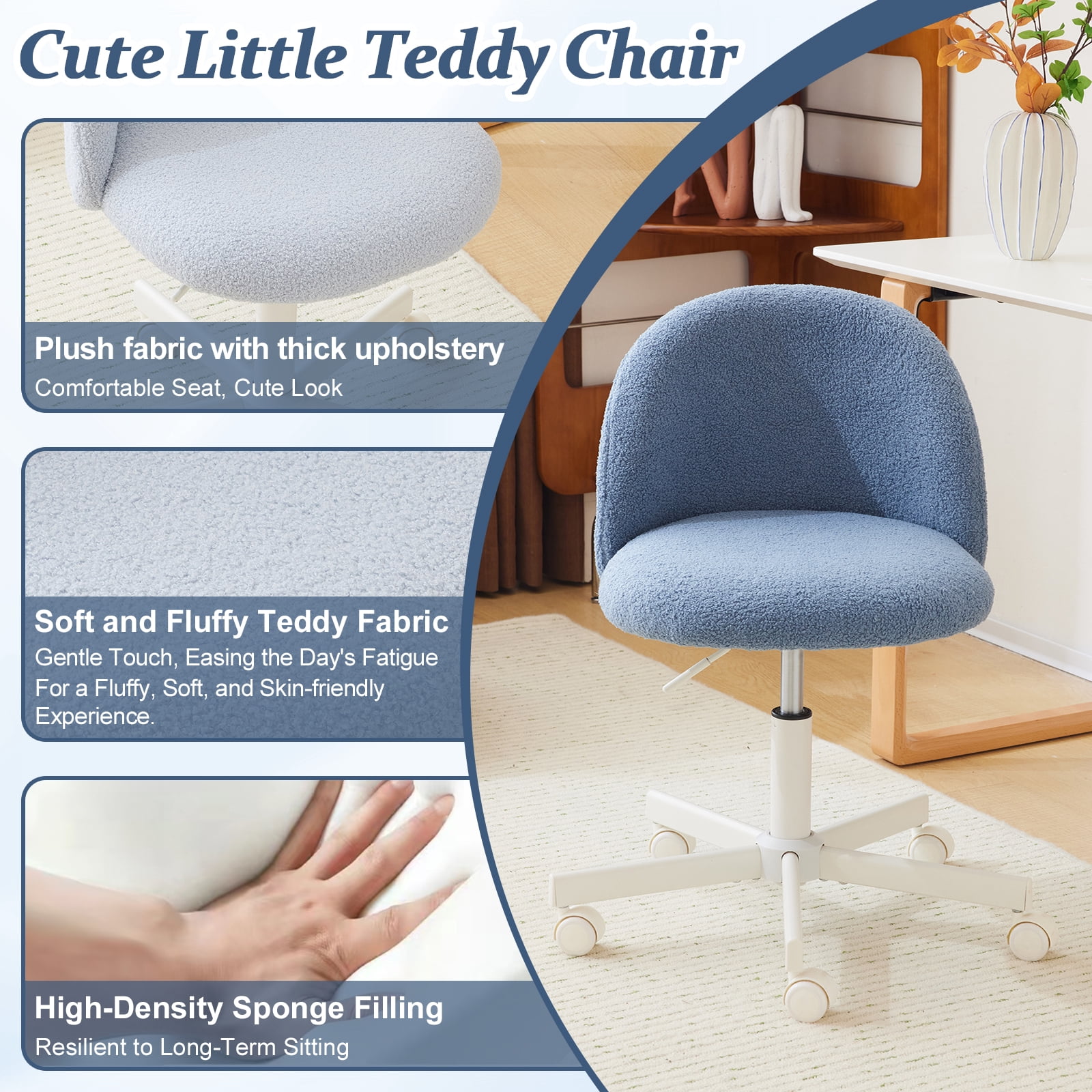 Ktaxon Armless Home Office Desk Chair Cute Mid Back Vanity Stool Teddy Velvet Swivel Task Chairs with Wheels Blue