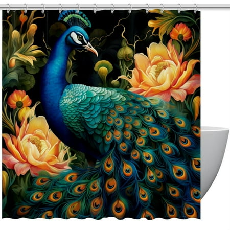 Peacock Waterproof Printed Shower Curtain Set with Hooks - Decorative Bathroom Decoration