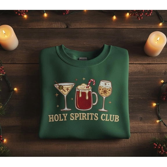 Holy Spirits Club Embroidered Sweatshirt – Funny Christmas Cocktail Crewneck – Holiday Drinks Sweater