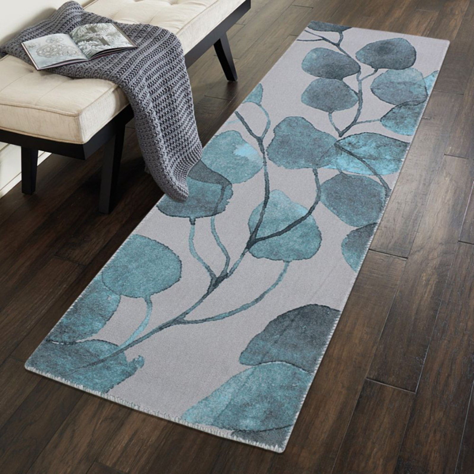 RugSmith Turquoise Ficus Modern Floral Runner Rug, 2' x 6'