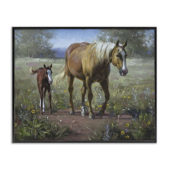 Stupell Industries Horse & Foal in Meadow Animals Painting Black Framed Art Print Wall Art, 14 x 11