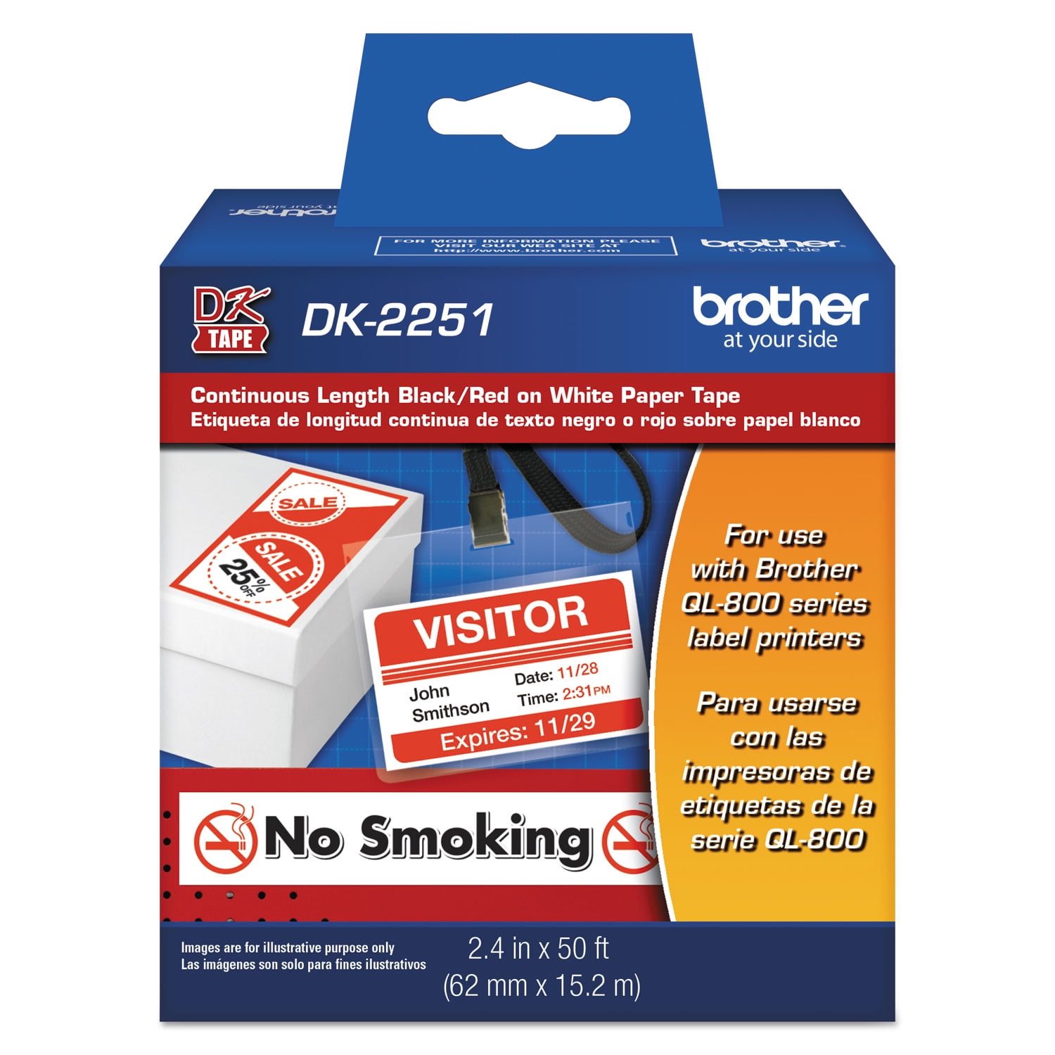 Brother Genuine DK-2251 Continuous Length White Paper Labels Two Color (Black/Red) for Brother QL Label Printers, 2.4 in x 50 ft (62 mm x 15.2 m), DK2251