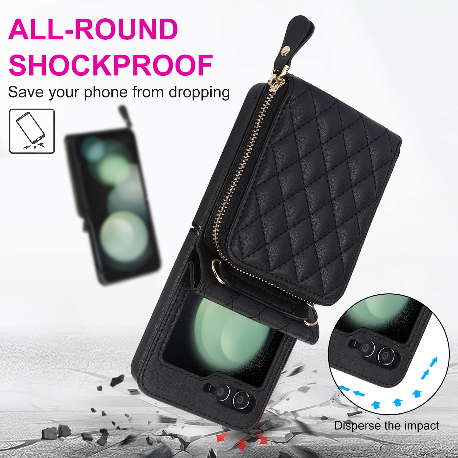 Allytechgroup Galaxy Z Flip 6 Wallet Case with Hand Wrist Shoulder Strap, Premium PU Leather Cards Slots Zipper Pocket Shockproof Protective Phone Case Cover for Samsung Galaxy Z Flip 6, Black