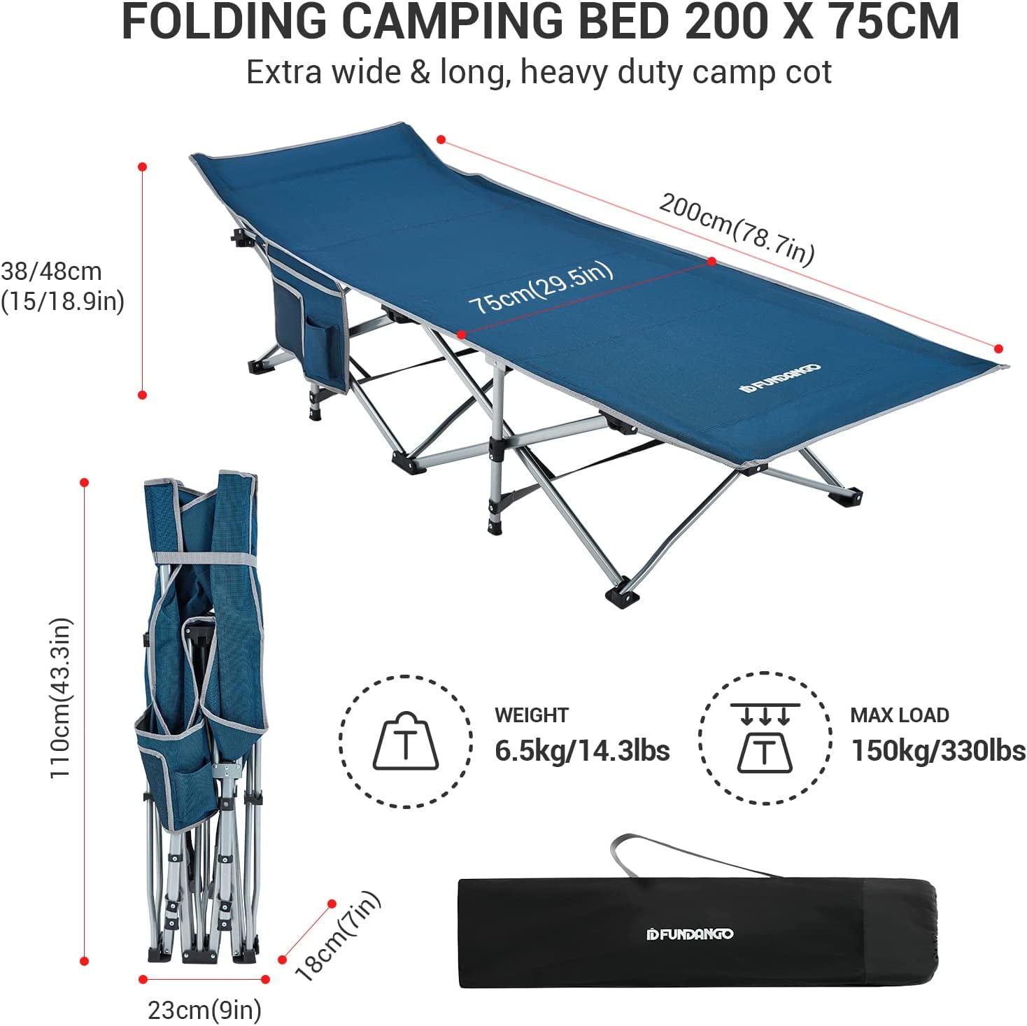 FUNDANGO Folding Camping Cot Oversized Heavy Duty Outdoor Sleeping Cots for  Adults Portable Camp Cot Foldable Travel Bed Thick Steel Tube Carry Bag 400  lbs Blue - Walmart.com