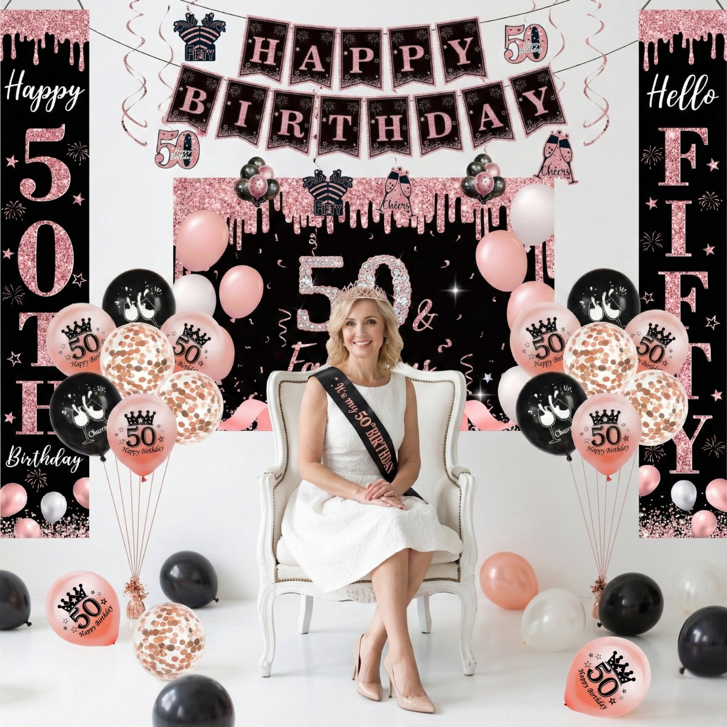 50th Birthday Party Decorations Kit Rose Gold Black – Happy 50th & Fabulous Banner, Crown & Sash, Balloons, Photo Backdrop, Hanging Swirls, Table Signs – 45PCS Decorations Set for Women