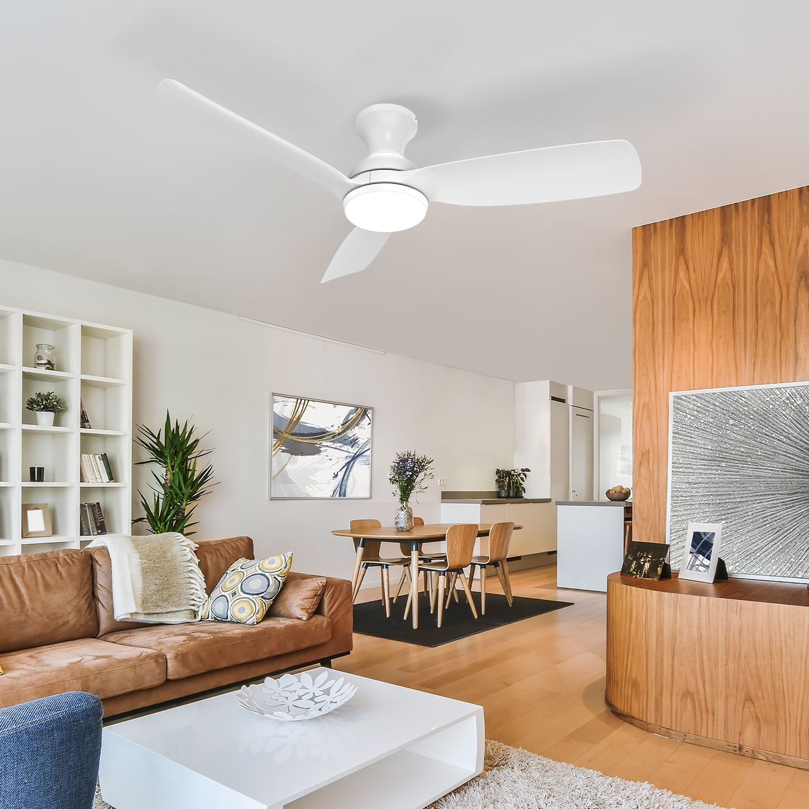 Consciot 44 inch Ceiling Fan with Light, 3 Blades, Remote Control, Reverse Airflow, 6 Speeds, Dimmable, White