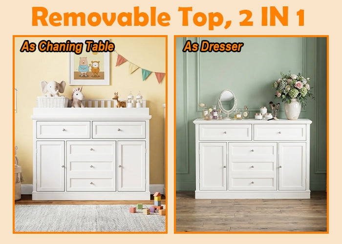 KULAGAGA 46" Dresser with Changing Table Top, White Dresser with Storage Drawers and Doors for Nursery, Multifunctional Dresser with Changing Station, Storage Cabinet for Kids Room