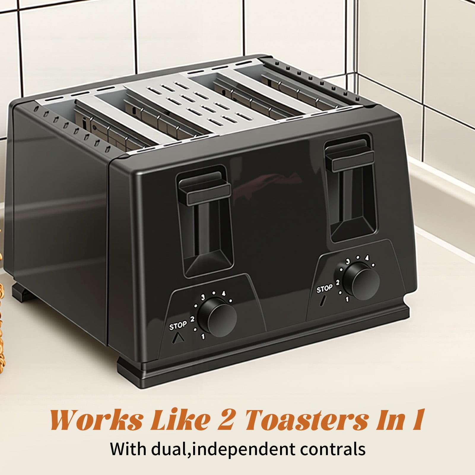 4 Slice Toaster - Stainless Steel Bagel Toaster with Dual Control Panels, 6 Shade Settings,Black
