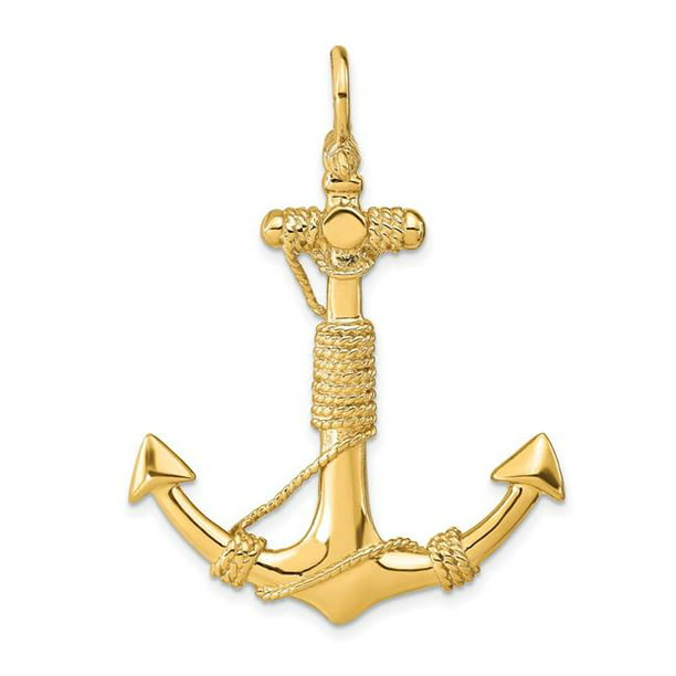 Finest Gold 14K Yellow Gold 3-D Solid Anchor with Rope Pendant