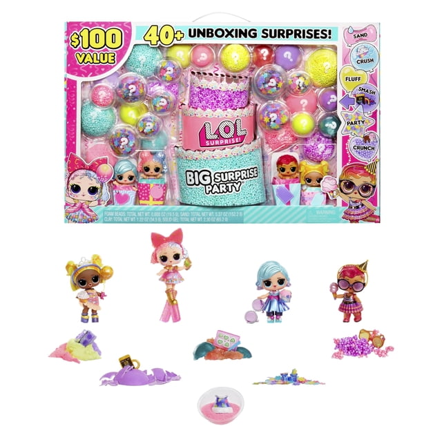 LOL Surprise Big Surprise Party with 4 Collectible Dolls, 40+ Surprises, 100 Value, 6 Unboxing Experiences, Fashions, Sand, Gel Crush, Shell Smash, Fluff, Party Confetti, Crunch Beads, Gift for Girls