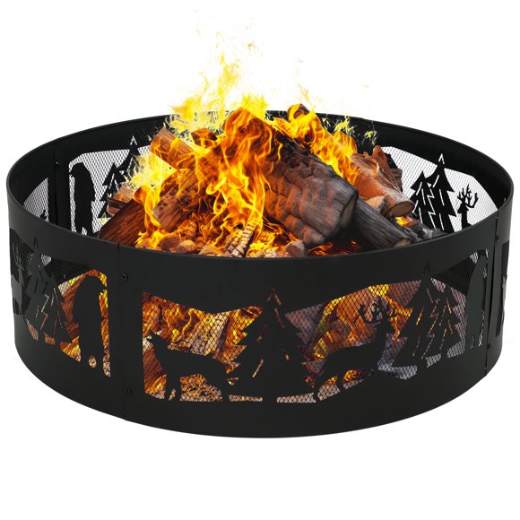 36-Inch Round Heavy-Duty Steel Fire Pit Ring with 360-Degree Wildlife Cutouts, by Sunnydaze Decor