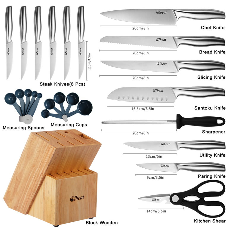 17 Pcs Stainless Steel Knife Block Set, Includes Sharpener, Chef Knife,  Measuring Spoons, Scissors, and Steak Knives, Dishwasher Safe for Easy  Cleaning