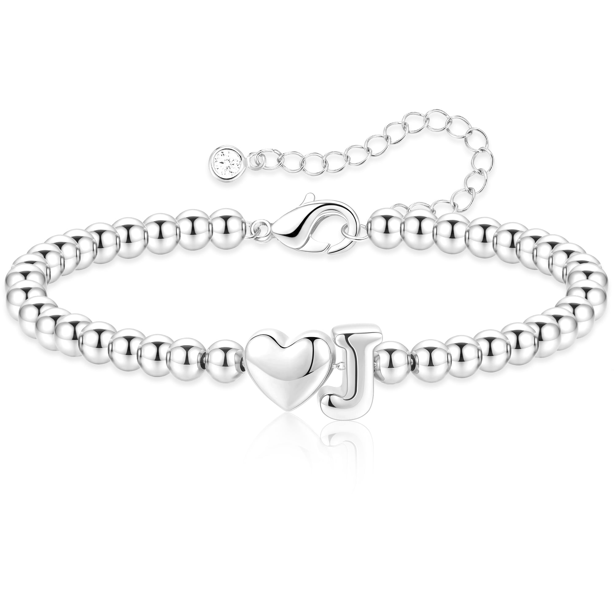 APSVO S925 Sterling Silver Plated Love Heart Initial Beaded Bracelets for Women Teen Girls Letter J Bracelet Birthday Jewelry Gifts Ideas