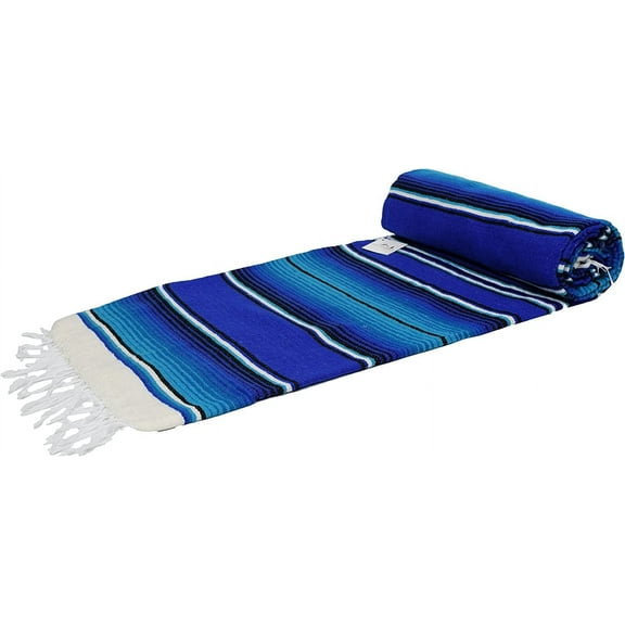 Authentic Mexican Serape Blanket - Multi-color Lightweight Handmade Mexican Saltillo Blanket / Classic Mexican Style Falsa, Stripe Pattern, Throw, Beach Blanket, Tapestry, or Yoga Blanket. Blue