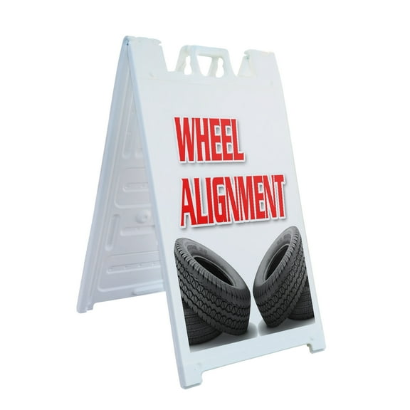 A-frame Sidewalk Wheel Alignment 24" x 36" Double Sided A-Frame Sidewalk Sign, Includes 2 Plastic Inserts | Foldable Portable White Signicade Sandwich Board Signs