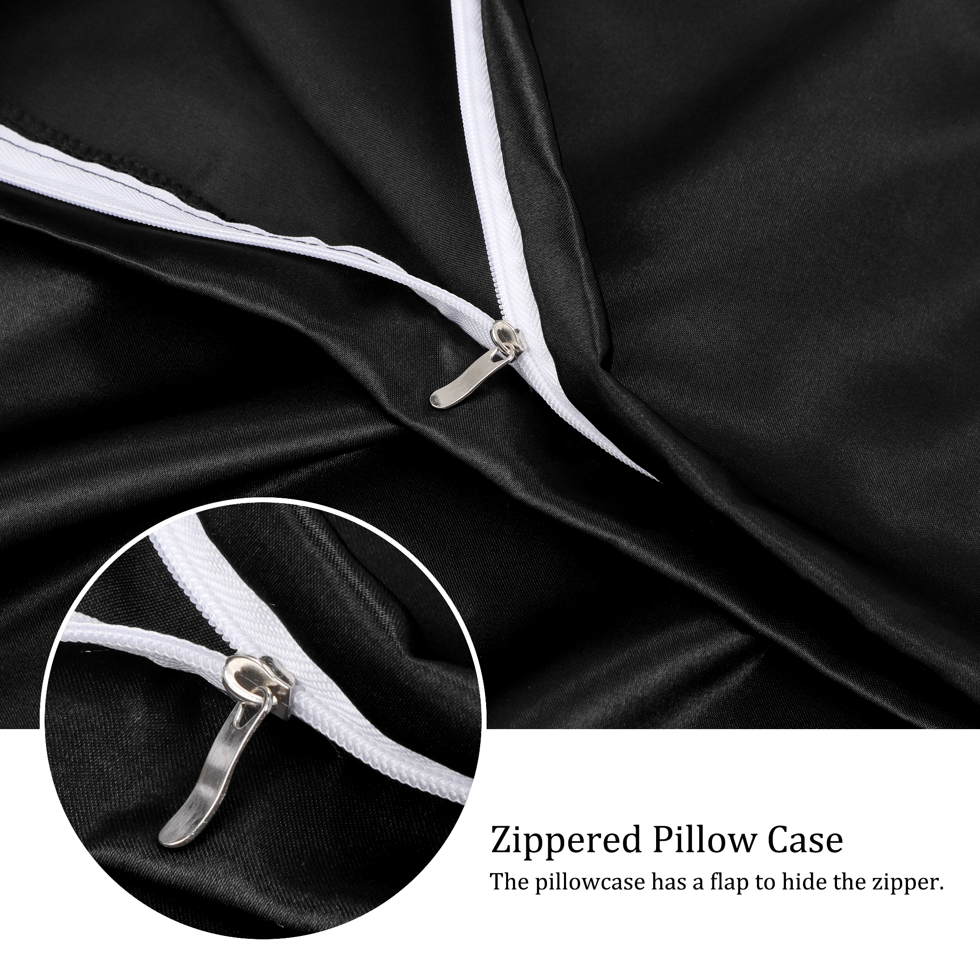 Unique Bargains Satin Set of 2 Zipper Closure Pillowcases Black 17"x25"