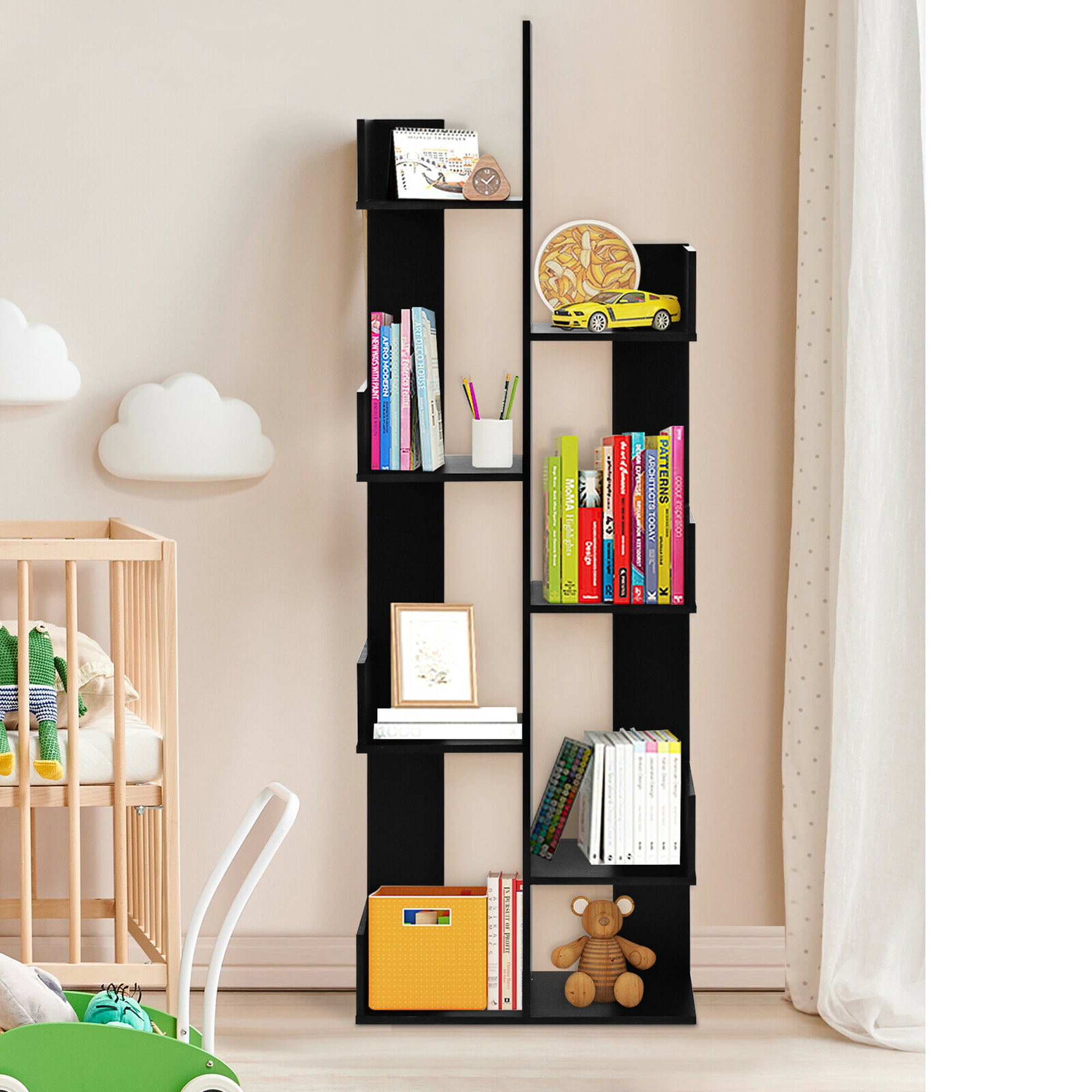 Gymax 8-Tier Bookshelf Bookcase Space-Saving Storage Rack w/8 Open Compartments Black