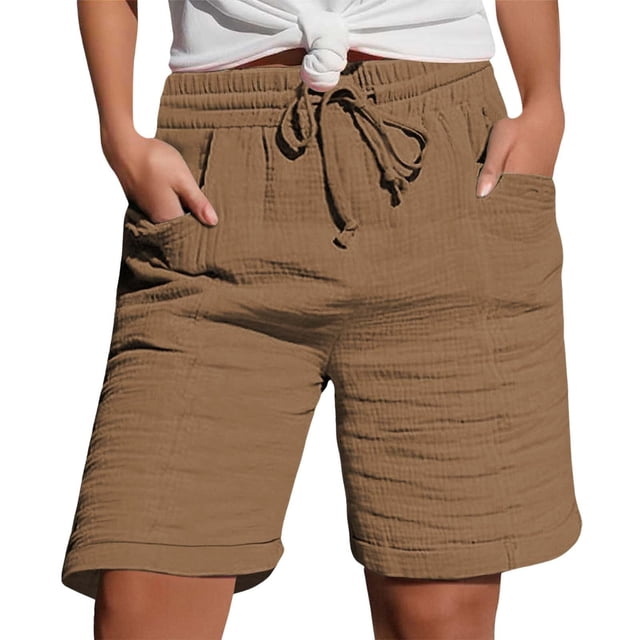 QATAINLAV Women's Casual Lightweight Linen Shorts with Pockets Drawstring Mid Rise Straight Leg Beach Shorts Brown M Fall Savings