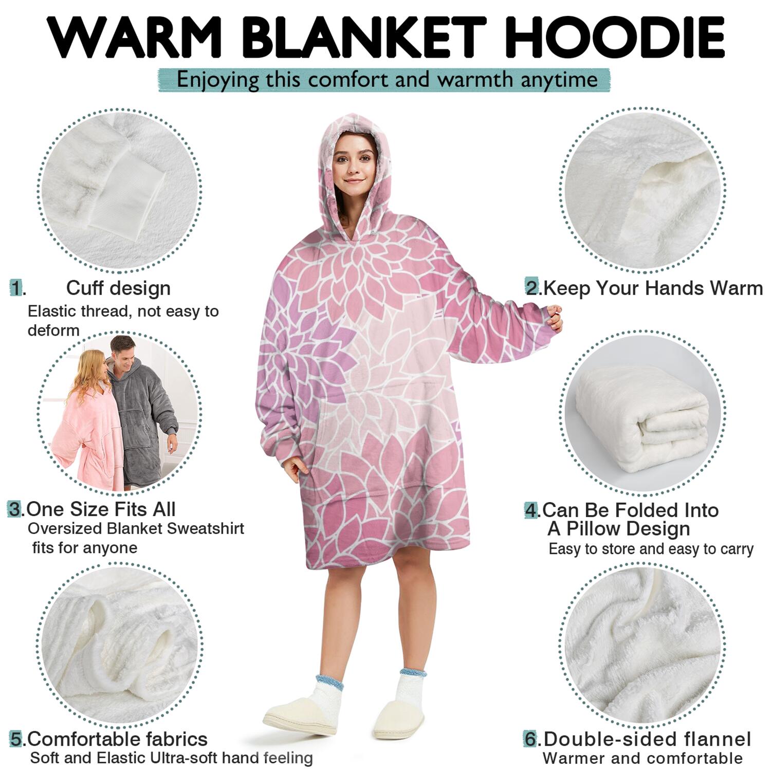 Wearable Oversized Blanket,Pink Floral and Petal Pattern Wearable Blanket Hoodie for Adults,Cozy Hooded Blankets with Super Pockets,Super Warm Fuzzy Pullover for Women & Men