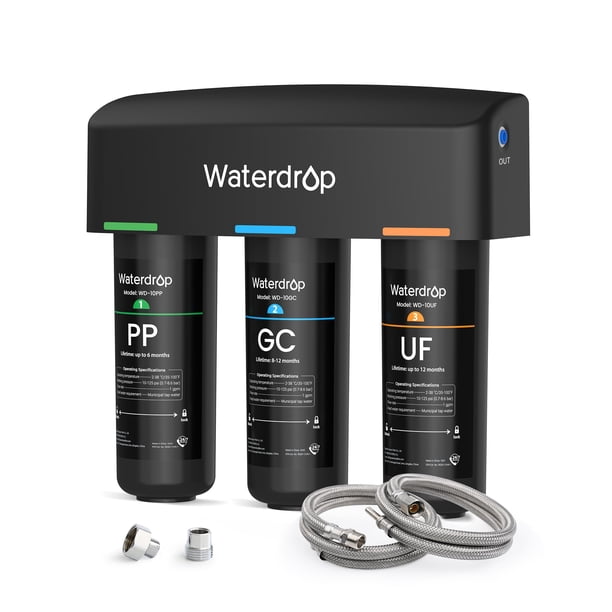 Waterdrop WD-TSA-UF 0.01 μm Ultra Filtración Filtro de agua debajo del fregadero, Sistema de filtración de agua debajo del fregadero Filtración de 9 etapas, Reduce el cloro, el sabor y el olor, Fluoru
