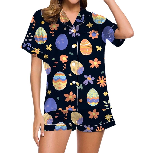 toraway Pyjamas Femmes Mode Décontractée Pâques Lapin Impression Numérique 3D Pyjamas Courts Ensemble Culotte m