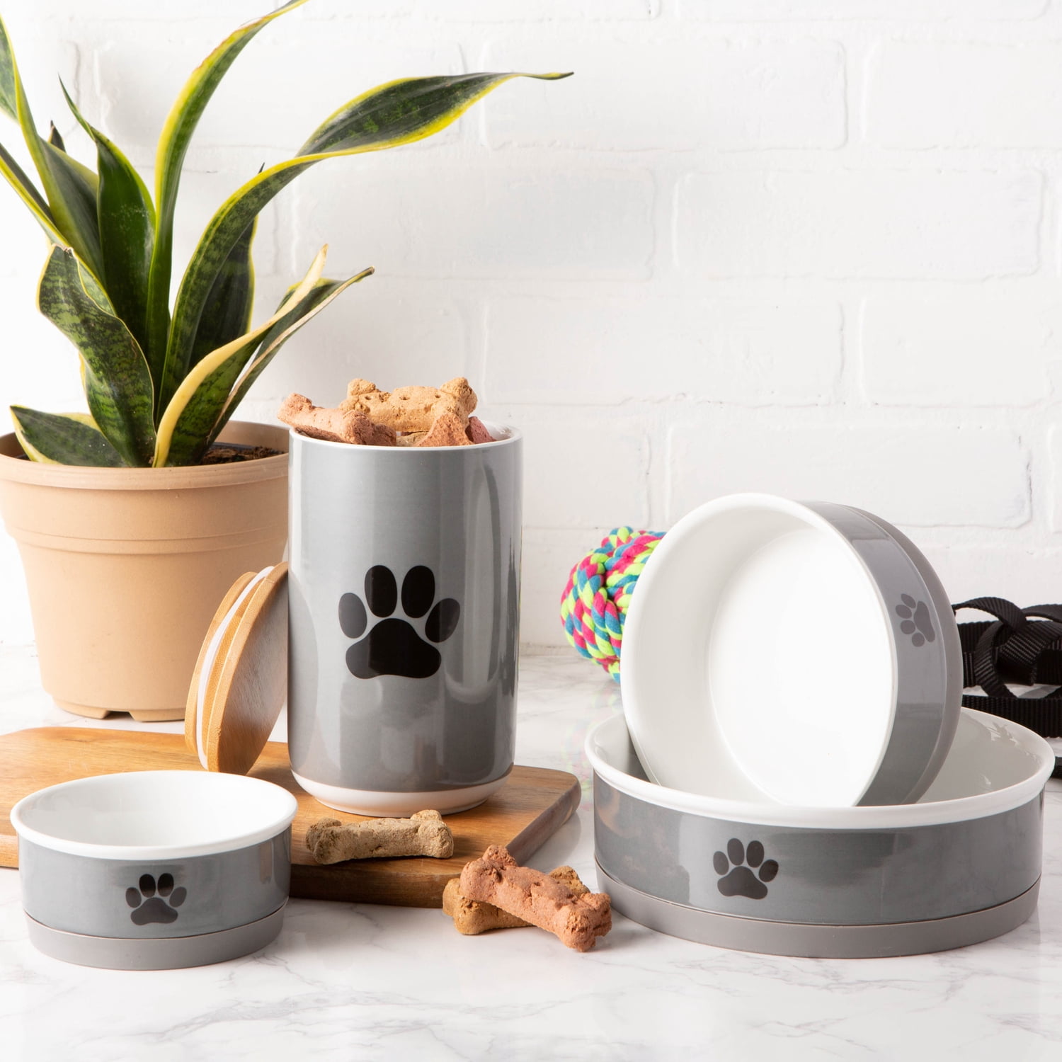 Bone Dry Ceramic Pet Bowls, Dishwasher Safe, Small Bowl Set, 4.25x2", Gray/Black, 2 Count