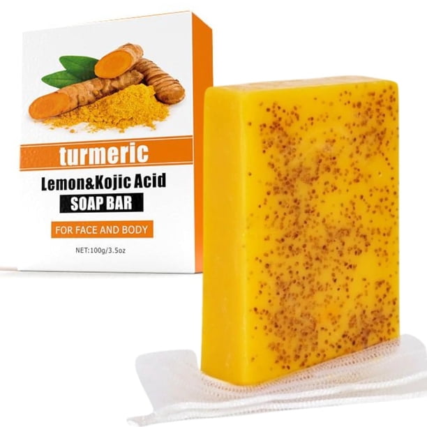 Jabón de cúrcuma de limón para eliminar manchas oscuras - Tratamiento del acné e ilumina la piel con ácido kójico/vitamina E - 3 veces más hidratante para rostro y cuerpo - Jabón brillante con ingredi