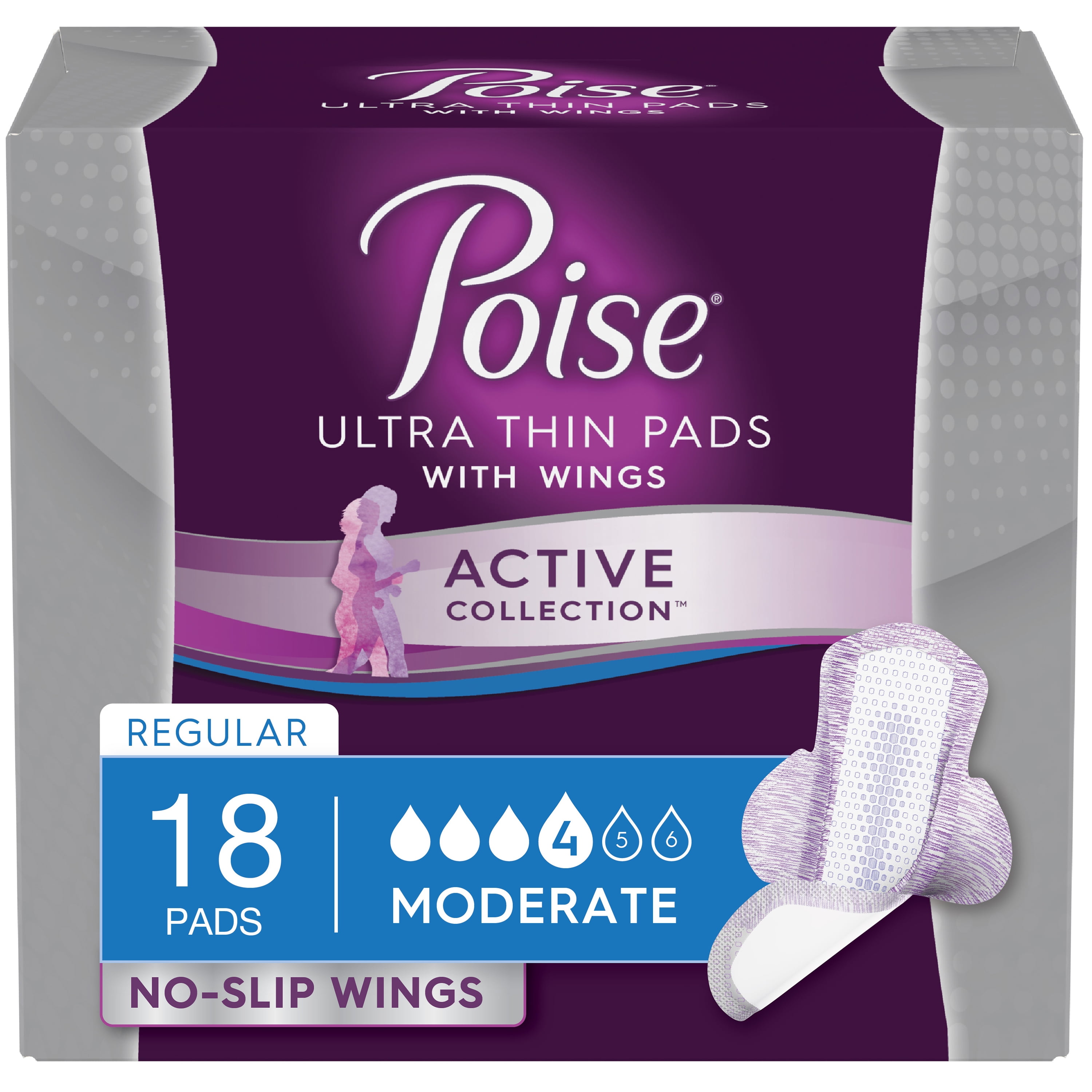 Poise Active Collection Incontinence Pads with Wings, Moderate