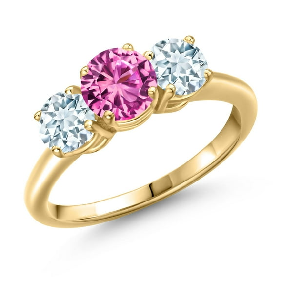 Gem Stone King 18K Yellow Gold Plated Silver Pink Created Sapphire and Sky Blue Aquamarine Engagement Ring for Women | 2.00 Cttw | Round 6MM | Gemstone September Birthstone | Size 5