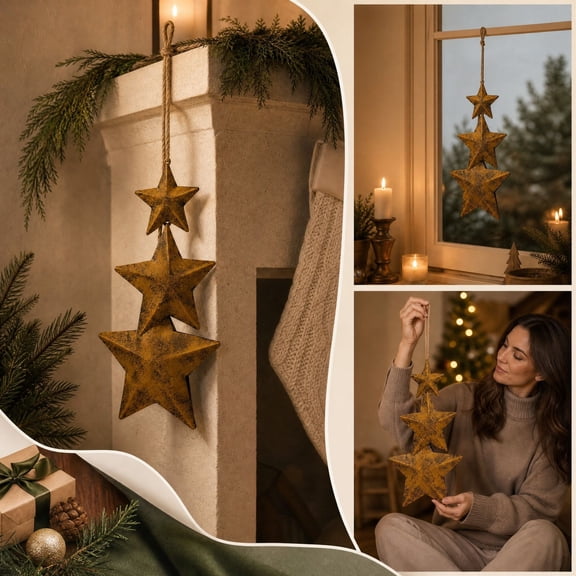 Byndra Vintage Metal Star Hanging Ornament, Christmas Decoration Indoor, Rustic Star Garland for Fireplace Wall Window Home Decor