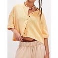 thumbnail image 2 of Women Y2K Button Front Crop Sweater Cardigan Solid Color Crew Neck Middle Sleeve Knit Tops Streetwear Yellow XL, 2 of 5
