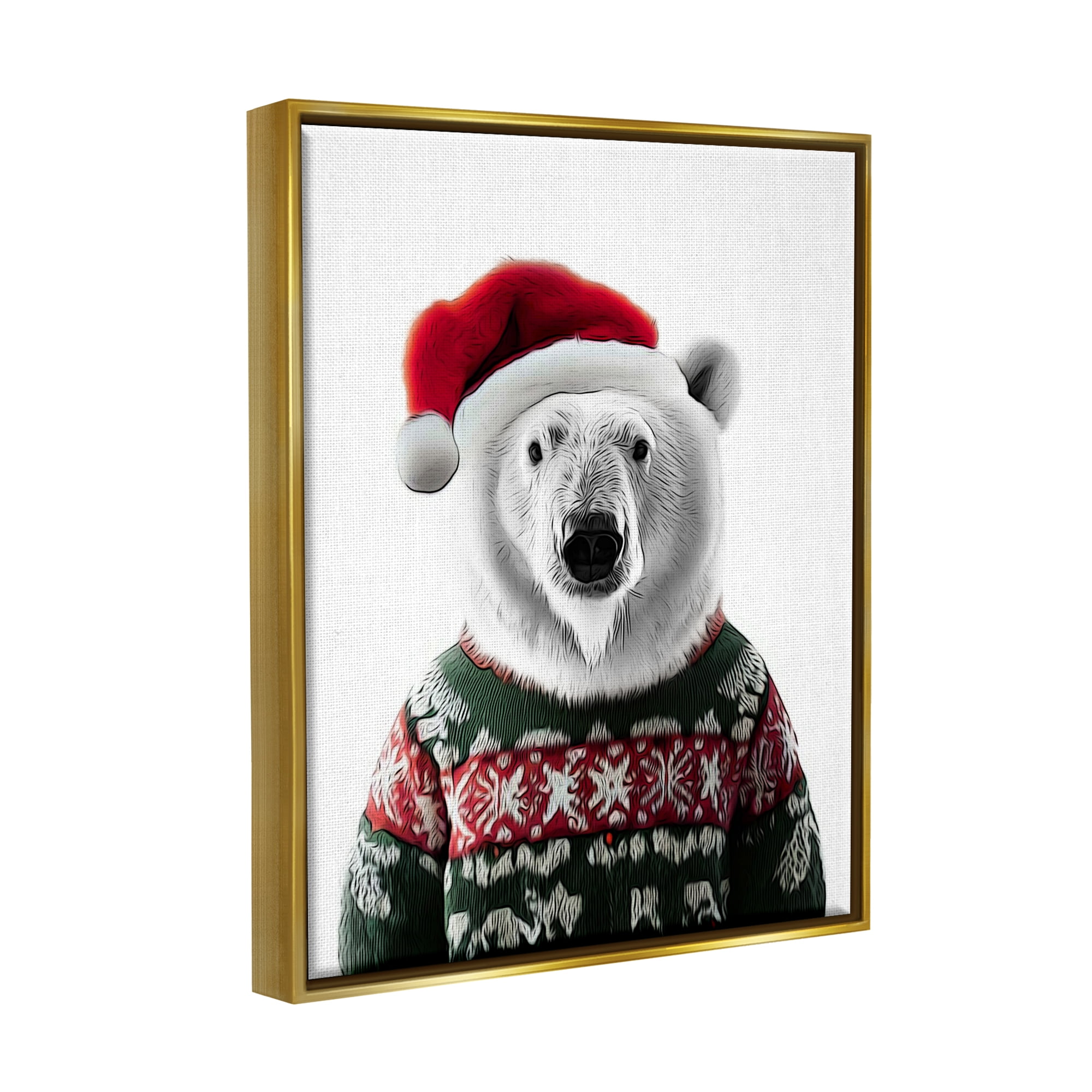 Stupell Industries Bear in Holiday Sweater Holiday Painting Gold Floater Framed Canvas Art Print Wall Art, 25 x 31
