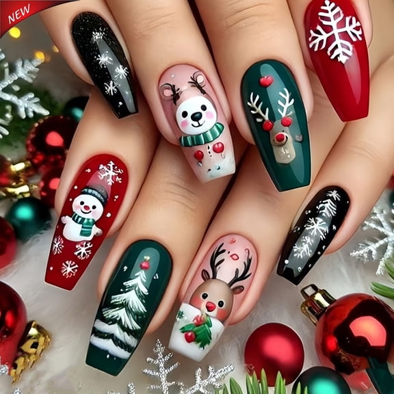 Christmas Press On Nails Long Coffin, Cute Reindeer Snowman Resin Fake Nails, Snowflake Pine Tree Red Green Stick On False Nails, 24Pcs Reusable Wearable Nail Tips for Women Holiday Party Manicure