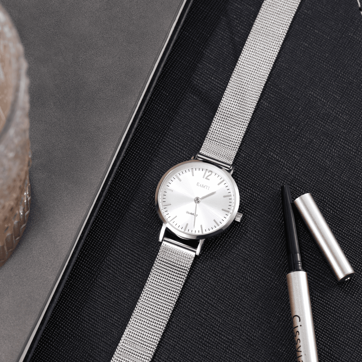 EAMTI Women's Bracelet Stainless Steel Watch, Fashion Minimalist Water Resistant Wristwatch for Women Ladies, White Case Silver Bracelet, 32mm Case