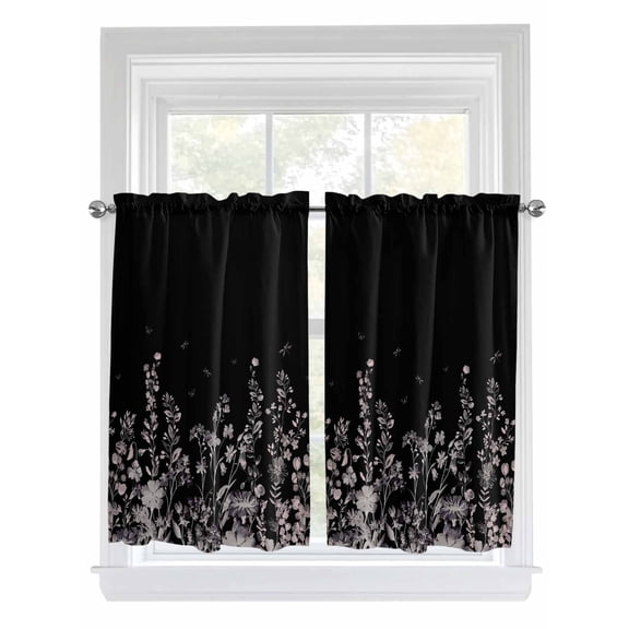 Tier Curtains 45 Inches Long, Black Botanical Window Treatment Curtain Drapes, Dragonfly Flower Leaf Retro Style Window Half Privacy Curtains for Bedroom Bathroom, 42"x45", 2 Panels