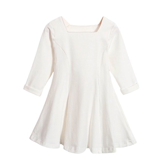hotojiny Toddler Girl Fall Dress Little Kids Long Sleeve Solid Dresses Elegant Square Neck A-Line Dresses(White,1-2 Years)