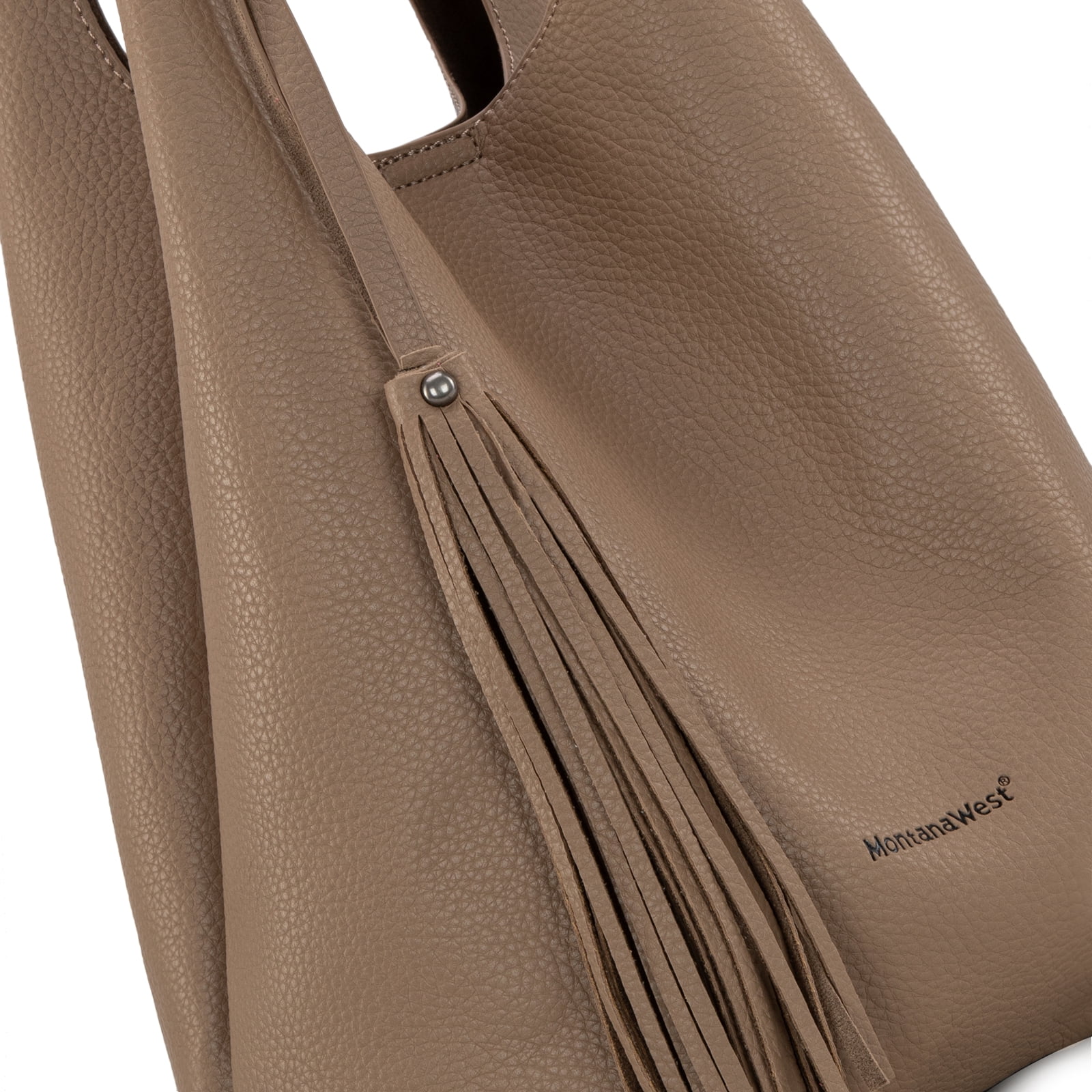 Montana West Slouchy Hobo Bags for Women 2PCS Tassels Handbags Shoulder Bag Set with Comestic Bag, Khaki