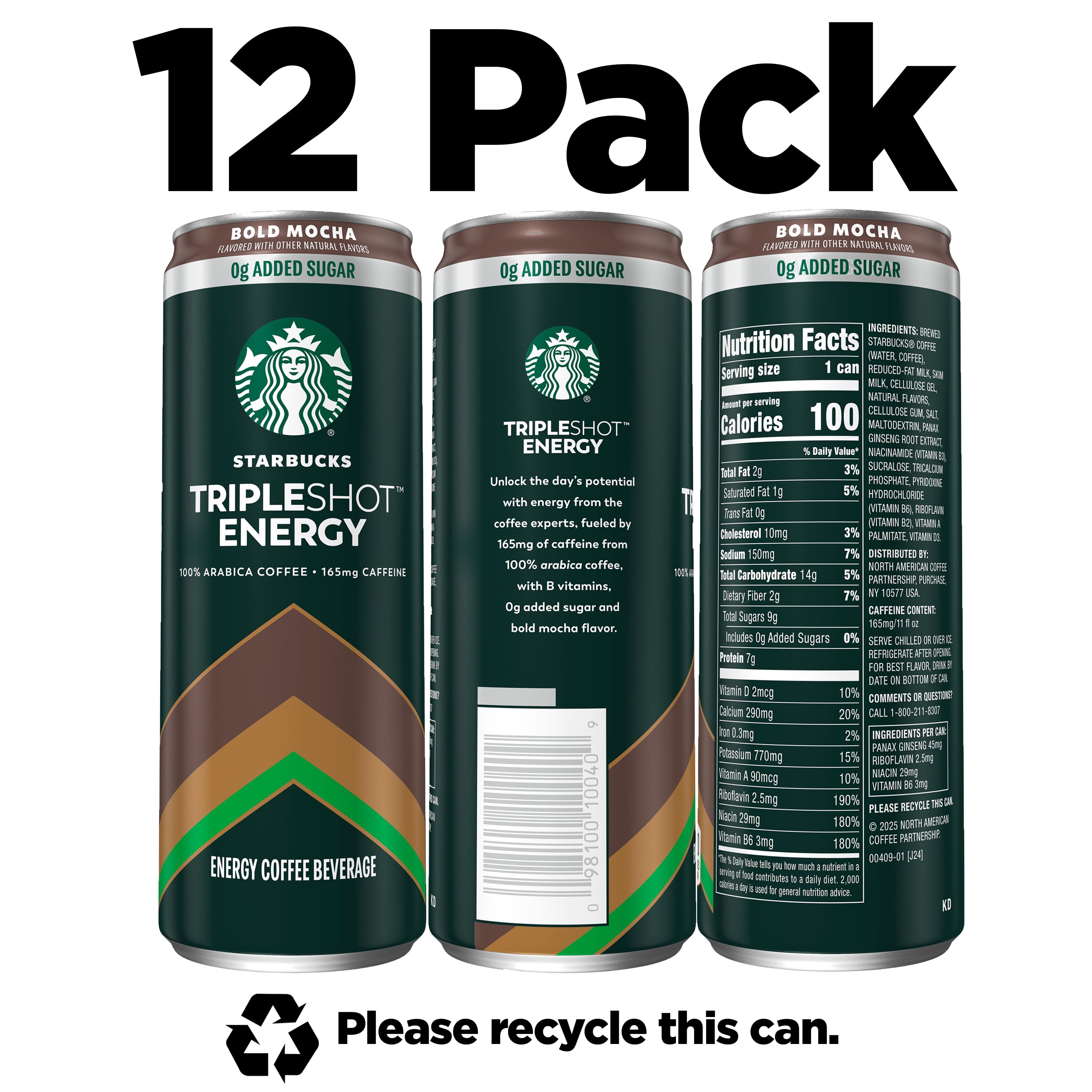 Starbucks Tripleshot Coffee Energy Drink, Mocha, 11 fl oz Cans (12 pack), Triple Blend, 165mg Caffeine, B Vitamins, Protein, Iced Coffee (Packaging and Formula May Vary)​