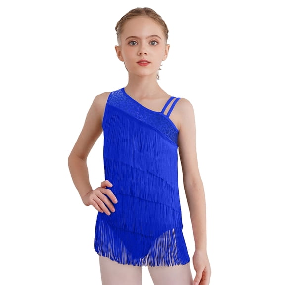 inlzdz Girls Latin Fringed Dance Leotard Tassel Jazz Bodysuit Sparkly Rumba Salsa Tango Dancewear Royal Blue 10